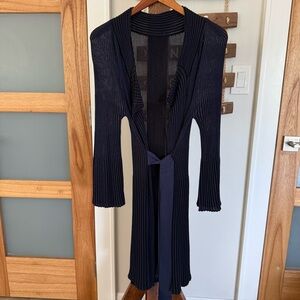 Armani‎ Blue & Black Ribbed Knit Open Belted Duster Cardigan Italy Women's M EUC